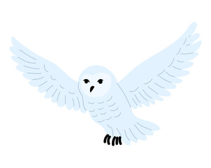 Snowy owl soaring gracefully in mid-flight with outstretched wings against a simple background
