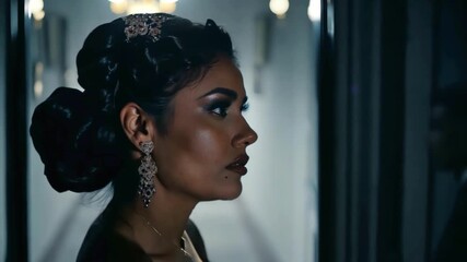 A woman with styled dark hair and elegant earrings stands indoors as the camera shifts from a frontal view to a side angle highlighting her poised expression, smooth profile, gentle head movement