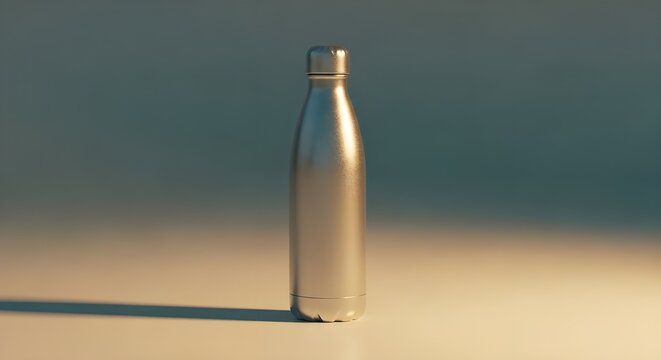 Sleek silver stainless steel reusable water bottle for hydration, promoting a sustainable and healthy lifestyle in a minimalist setting