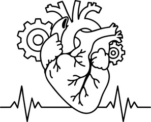 Human Heart with Gears and ECG Pulse Line Icon Isolated on White Background – Vector Medical Symbol, Cardiology Mechanism, and Health Science Concept