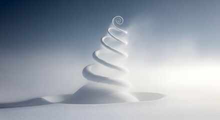 A minimalist winter scene featuring a spiraling snow sculpture on a smooth snow-covered landscape under a cloudy sky
