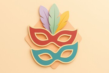 Colorful masquerade masks with vibrant feathers in playful composition evoking themes of celebration mystery and creative expression in festive atmosphere