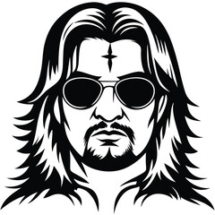 A black and white depiction shows a man wearing glasses with long hair