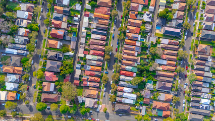 Obraz premium Aerial Panorama Drone View of a inner western Sydney Suburb of Ashbury Urban Sprawl and the terracotta roof tops streets and trees of Suburban Sydney NSW Australia