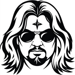 Bearded man with long hair and sunglasses has a cross on forehead