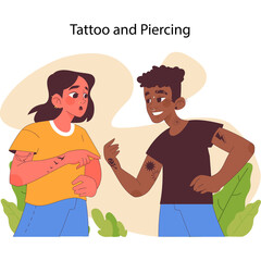 Two diverse people discussing tattoos and piercings with organic shapes and greenery in the background a casual conversation about body art and personal expression