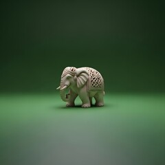 A detailed and intricately carved white elephant figurine placed on a smooth green surface with a matching green background, highlighting craftsmanship and cultural artistry