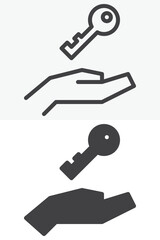 Hand with key line and solid vector icon set