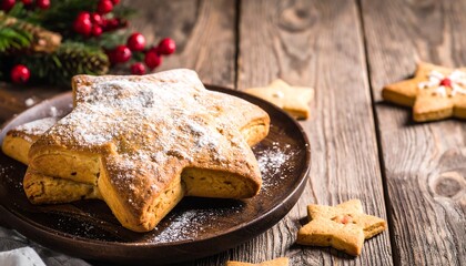 Star-shaped Christmas cookies dusted with powdered sugar on a rustic wooden table.