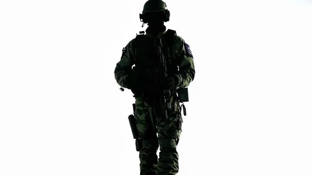 A fully equipped soldier moves steadily toward the camera against a bright white background, showing controlled forward motion with gear shifting slightly as the silhouette becomes more defined in eac