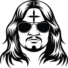 Bearded hipster with sunglasses and long hair sporting a cross in black and white