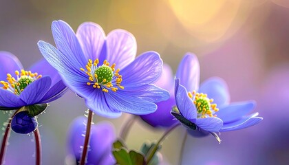 A macro photograph capturing the intricate details of several blooming purple anemone flowers with bright yellow stamens and green pistils.