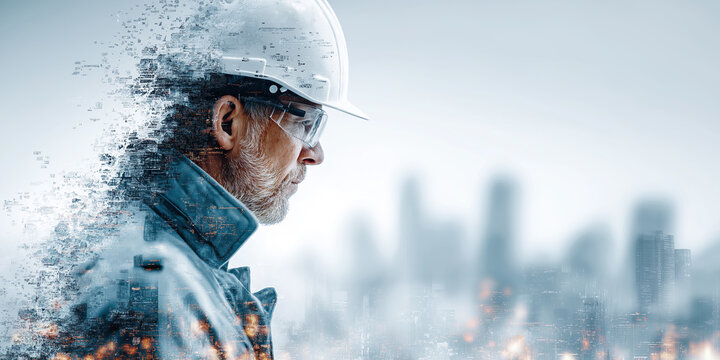 Experienced engineer wearing hardhat overlaid with digital cityscape and technological elements.