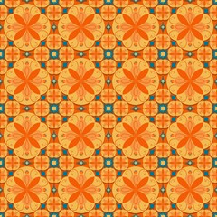 seamless background with flowers,orange, blue curves ,painted create to flowershape, leaves, orange background in geometric patterns as sarong,fabric,tile,printed fabric,batik,tablecloth patterns.
