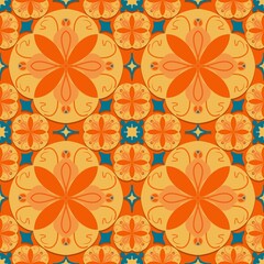 seamless pattern with flowers,orange, blue curves ,painted create to flowershape, leaves, orange background in geometric patterns as sarong,fabric,tile,printed fabric,batik,tablecloth patterns.