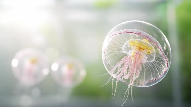 Enchanting Jellyfish in a Bubble: A mesmerizing scene showcases a delicate jellyfish gracefully encased in a transparent bubble.