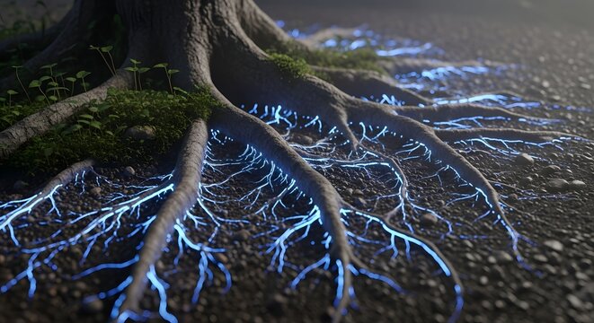 Close-up of tree roots with glowing blue bioluminescent fungi growing on the ground in a natural forest setting during nighttime