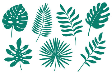 An arrangement of green tropical leaf silhouettes creates a vibrant botanical pattern on a white background