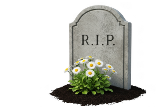 A tombstone with rip inscription and a small cluster of white daisies in front, isolated on transparent background - Powered by Adobe
