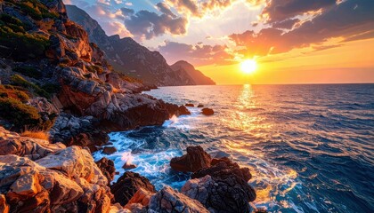 A vibrant sunset casts a warm glow over a rugged coastal landscape, with the sun setting over the vast ocean and waves crashing against the rocks.