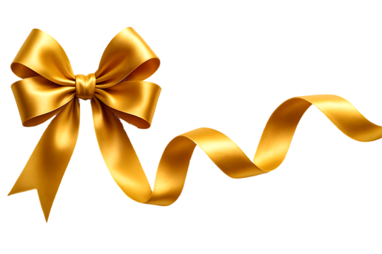 Luxurious gold satin ribbon arranged in a graceful bow, perfect for gifts or celebrations, displayed on a transparent background (PNG).
