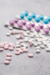 Variety of medicines and drugs.Medicine and healthcare concept.Variety of medicines and drugs.Medicine and healthcare concept.Pill for the prescription and treatment various diseases chemistry