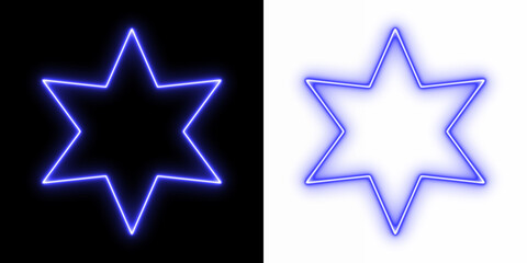 Glowing blue neon star outline design on black and transparent backgrounds for modern digital art and graphic elements