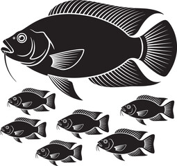 Naklejka premium Black silhouette of tilapia fish with small group of fry on transparent background