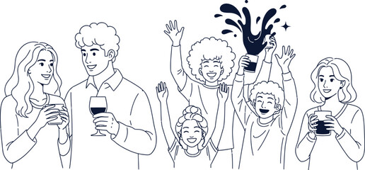 Group of people enjoying drinks together in a stylized line drawing
