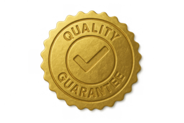 Golden quality guarantee seal with checkmark, approving best product or service, transparent background
