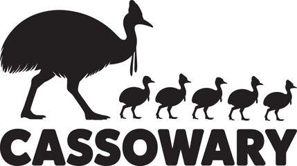 Cassowary bird and chick silhouettes with bold typography vector graphic on transparent background