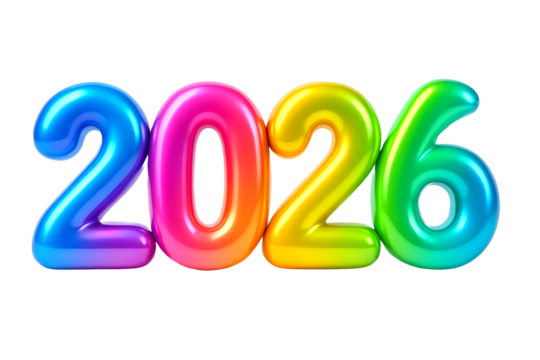 Bright and colorful 3D digits “2026” symbolizing New Year festivities, isolated against a transparent PNG backdrop. - Powered by Adobe