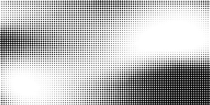 Halftone Square Pixels Pattern. Faded Shade Background. Grid Gradation BG. Black Screentone Diffuse Background. Overlay Texture. Abstract Pattern for Design Comic Prints. Vector Illustration.