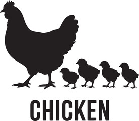 Domestic chicken poultry farming icon hen walking with four small young chicks following vector graphic