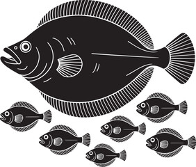 Flatfish flounder vector illustration engraving style drawing black silhouette bottom dwelling species