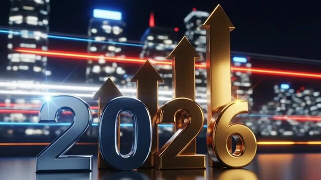 Happy new year 2026 metallic numbers with rising golden arrows in a fast city night scene symbolizing success progress ambition and growth perfect for business greeting concept and modern commercial 
