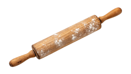 Vintage wooden rolling pin dusted with flour, isolated on transparent background