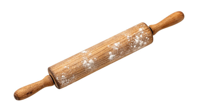 Vintage wooden rolling pin dusted with flour, isolated on transparent background