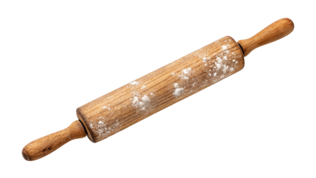 Vintage wooden rolling pin dusted with flour, isolated on transparent background