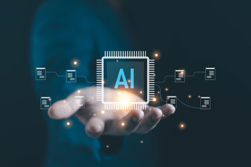 A modern visualization of artificial intelligence showing a glowing AI processor floating above a hand, symbolizing data processing, automation, and advanced digital technology innovation.