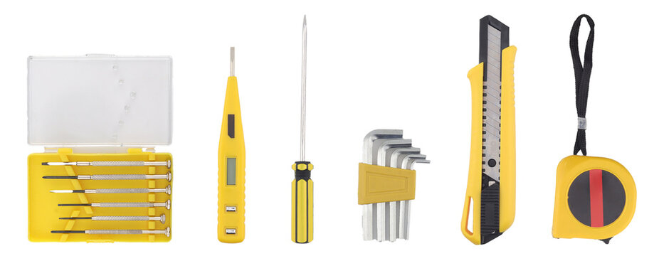 A collection of basic hand tools including precision screwdrivers, a voltage tester, standard screwdriver, hex keys, utility knife, measuring tape on a white background, representing repair work, DIY
