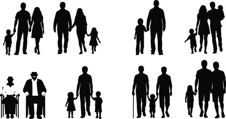 Silhouettes of diverse family groups, generational bonding, parenting, elderly care, childhood moments, unity, love, support, relationships