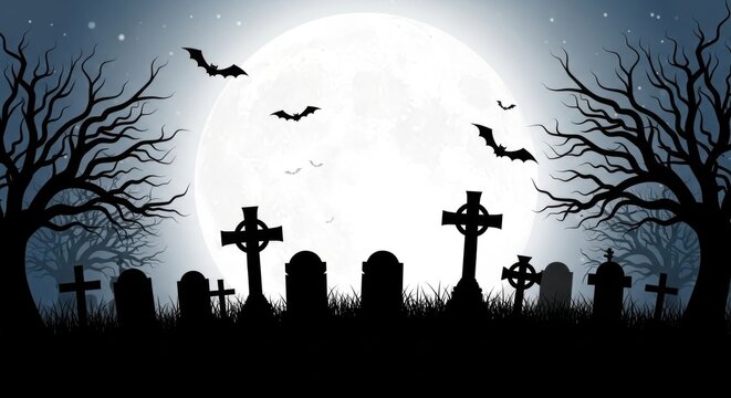 A spooky cemetery with gravestones, bats, and a full moon.