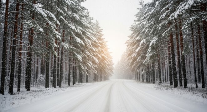 A snowy road through a dense forest with tall pine trees on both sides. - Powered by Adobe