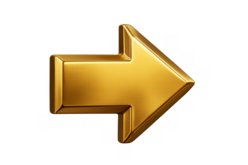 Golden 3d arrow pointing right, representing direction, navigation, success, next step, and progress with metallic shine