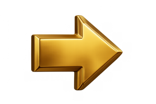 Golden 3d arrow pointing right, representing direction, navigation, success, next step, and progress with metallic shine