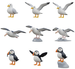 Fototapeta premium Seagulls and Puffins in Different Poses