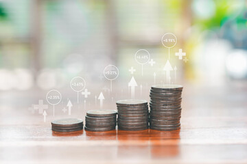 A financial growth concept showing stacked coins increasing in height with rising percentage indicators, representing investment returns, economic progress, savings growth, and successful financial