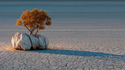 Lone Tree in Desert Salt Flat