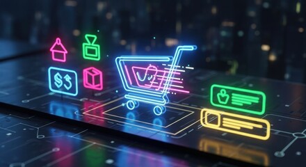 A neon shopping cart icon on a digital screen with various e-commerce symbols and icons.
